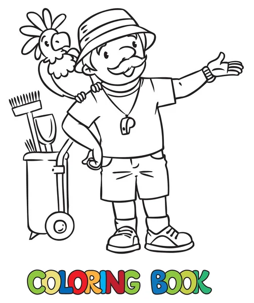 Coloring book of funny zoo keeper with parrot — Stock Vector