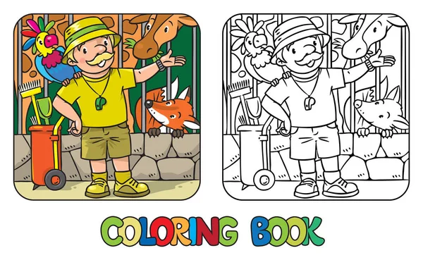 Libro da colorare del simpatico custode dello zoo con pappagallo — Vettoriale Stock