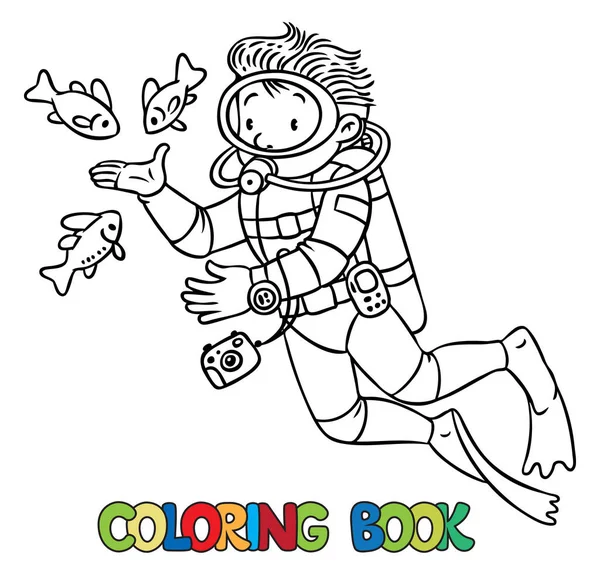 Divertido oceanógrafo o buzo. Libro para colorear — Vector de stock