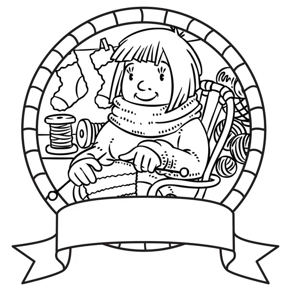 Målarbok med roliga knitter kvinnor. Emblem — Stock vektor