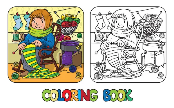Coloring book with funny knitter women. — Stock Illustration Coloring book with funny knitter women. Stock Vector