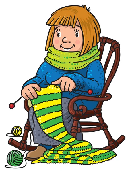 Funny knitter women inthe chair — Stock Illustration Funny knitter women inthe chair Stock Illustration