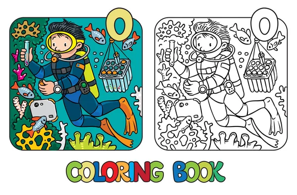 Αστεία ωκεανογράφος ή δύτης. Βιβλίο με σελίδες χρωματισμού — Διανυσματικό Αρχείο