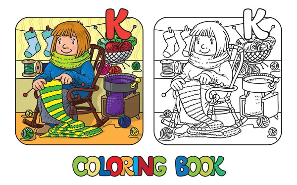 Coloring book with funny knitter women. — Stock Vector