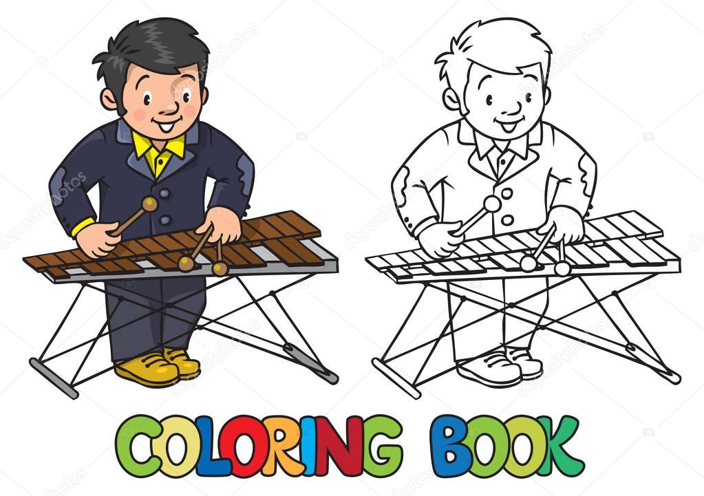 Funny musician or xylophone player. Coloring book