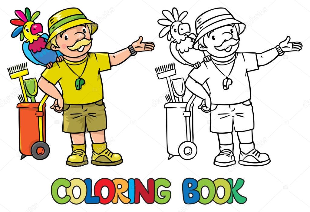 Coloring book of funny zoo keeper with parrot