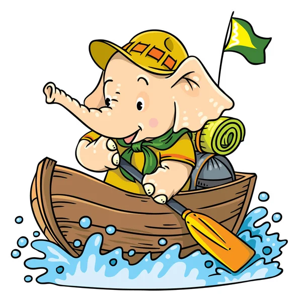 Pequeño elefante bebé flotando en barco. Explorador. — Vector de stock