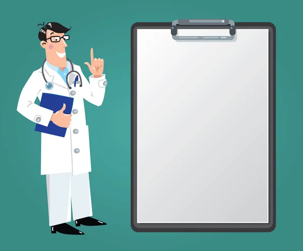 Funny doctor with clipboard. Design template — Stock Vector