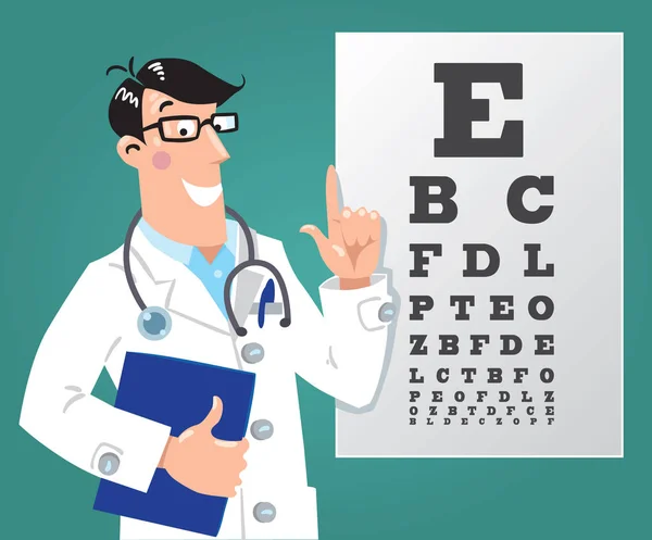 Médico óptico com quadro ocular de Snellen. Doutor... — Vetor de Stock