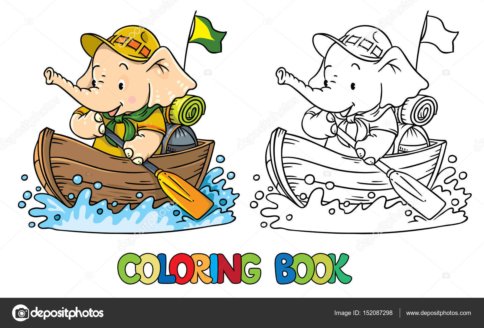 Elefante del bambino divertente con lo zaino che galleggia su una barca Illustrazione di vettore di bambini Libro da colorare — Vettoriali di passengerz