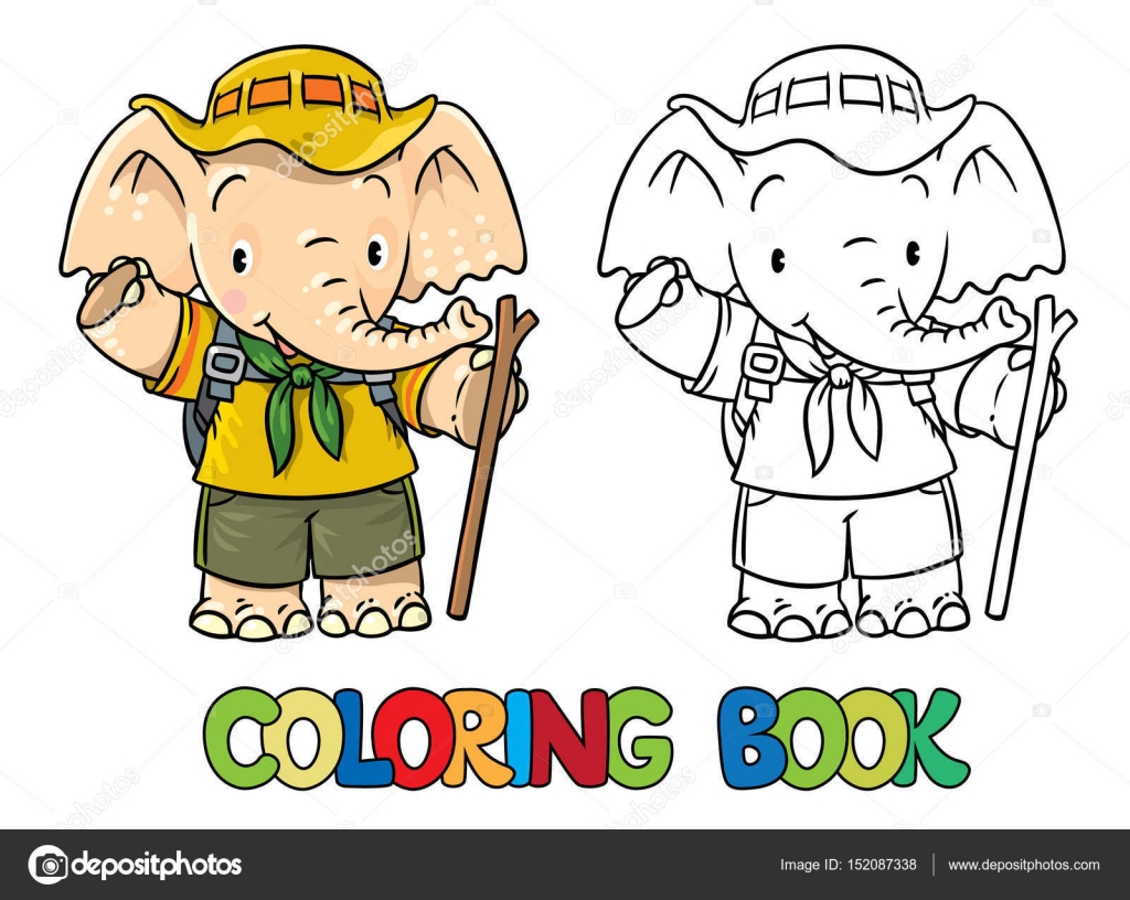 Elefante del bambino divertente con lo zaino e bastone Illustrazione di vettore di bambini Libro da colorare — Vettoriali di passengerz