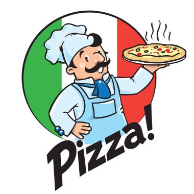 Komik aşçı ya da baker ile pizza ve logo amblem
