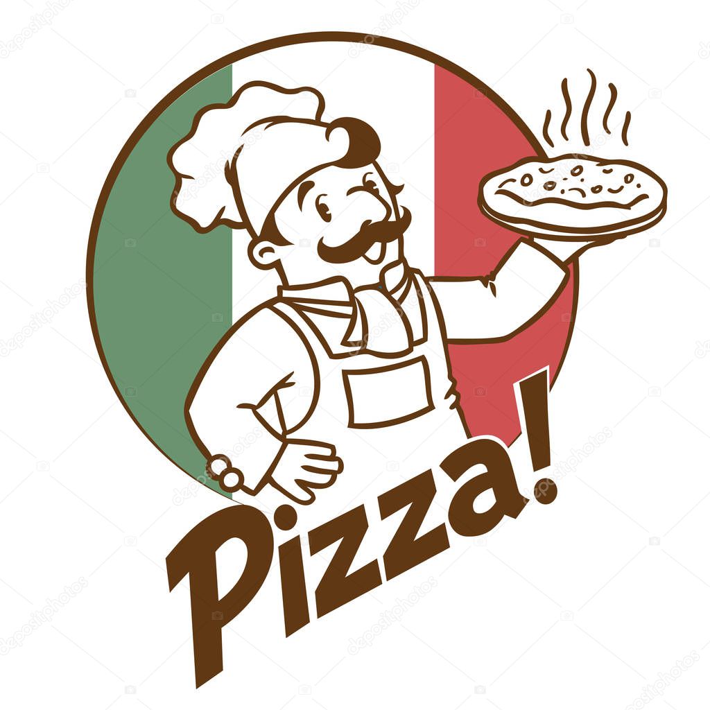 Emblem of funny cook or chef or baker with pizza and logo on background colors of the Italian flag. Monochrome and low color version. Children vector illustration.