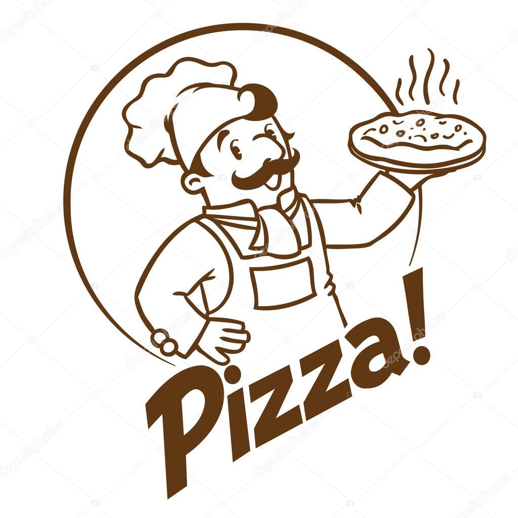 Emblem of funny cook or chef or baker with pizza and logo on background colors of the Italian flag. Monochrome version. Children vector illustration.