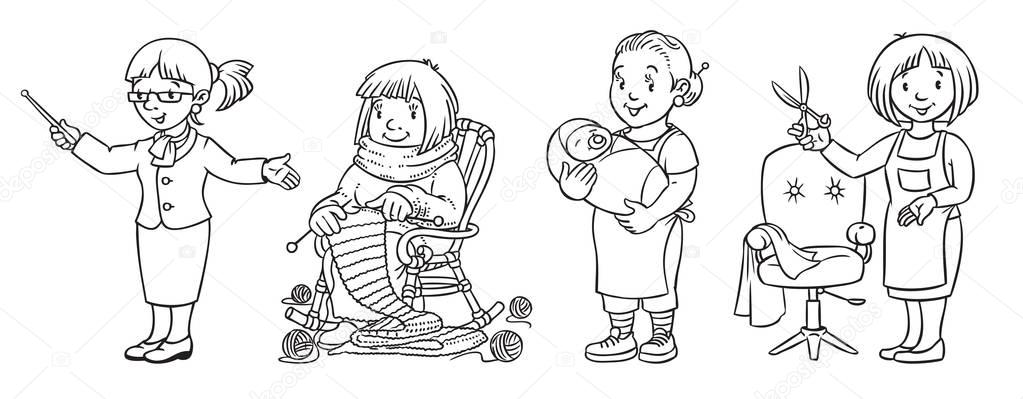 Womans profession coloring book set — Stock Illustration Womans profession coloring book set Vector Graphics