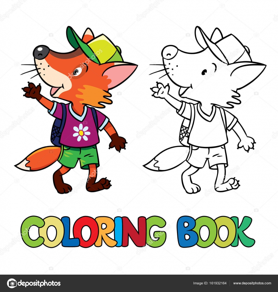Volpe divertente con lo zaino Libro da colorare — Vettoriali Coloritura del bambino piccolo divertente fox con zaino ondeggiante di zampa Illustrazione di vettore dei bambini — Vettoriali di passengerz