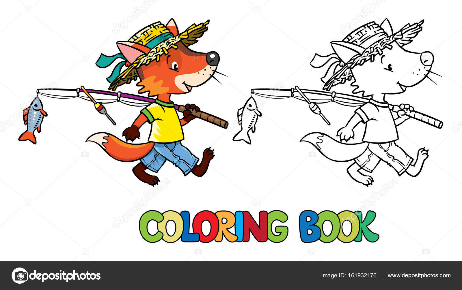 Libro da colorare di fox divertente piccolo bambino in cappello di paglia Vai da fising con asta e uno di pesce Illustrazione di vettore dei bambini