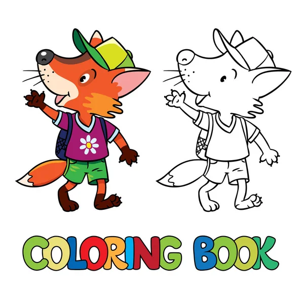 Zabawny fox z plecaka. Kolorowanka — Wektor stockowy