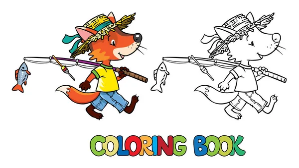 Pequeño zorro divertido ir a pescar. Libro para colorear — Vector de stock