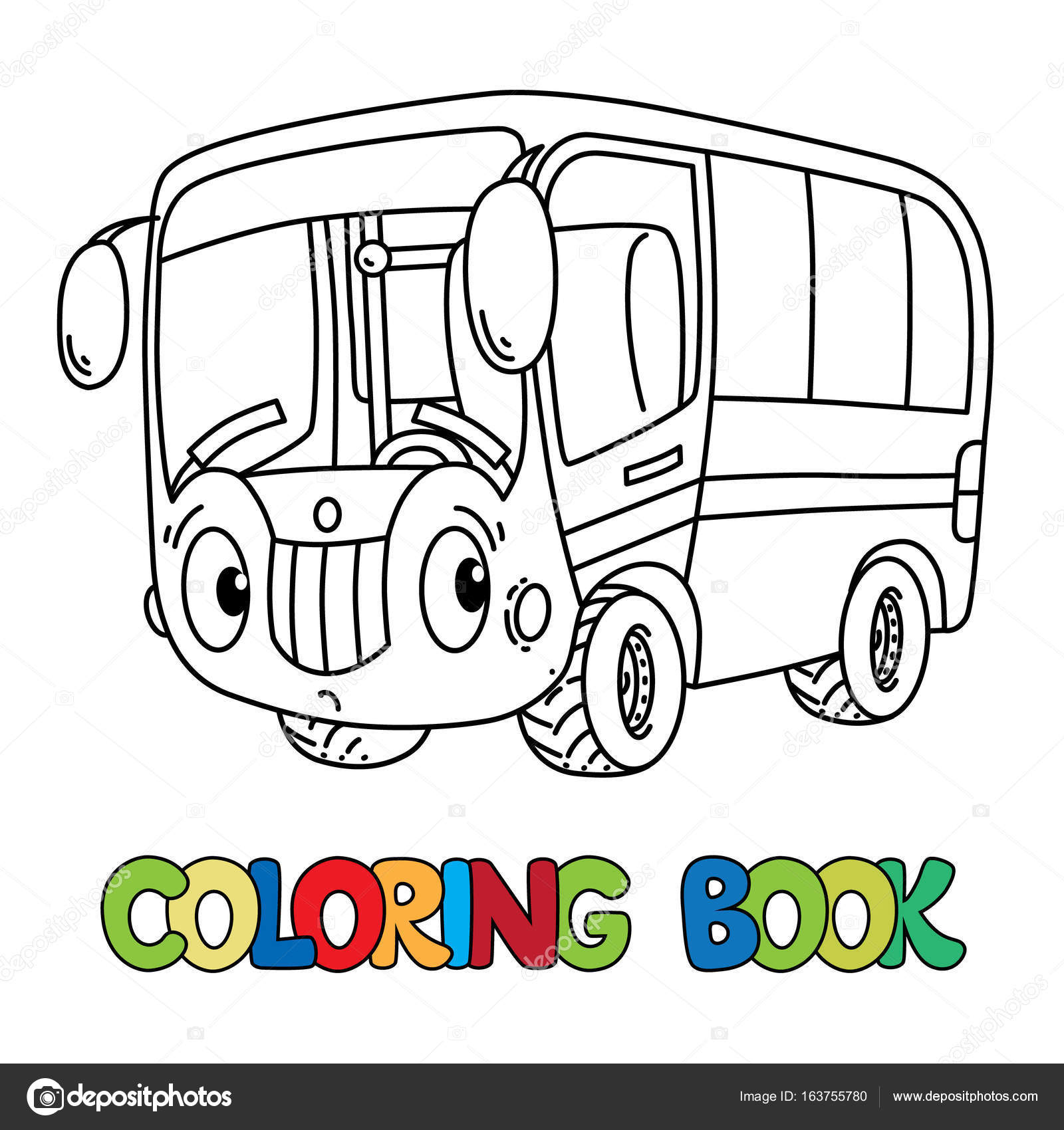 Libro da colorare di bus per i bambini Auto cute piccolo divertente di vettore con occhi e bocca Illustrazione di vettore dei bambini — Vettoriali di