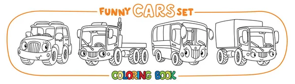 Pequeños coches divertidos con ojos. Libro para colorear conjunto — Vector de stock