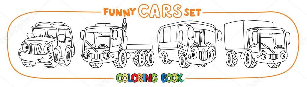 Funny small cars with eyes. Coloring book set