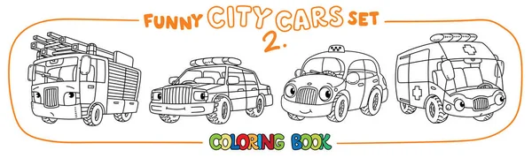 Pequeños coches divertidos con ojos. Libro para colorear conjunto — Vector de stock