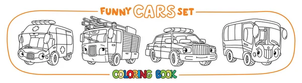 Gözleri olan komik küçük arabalar. Boyama kitabı seti