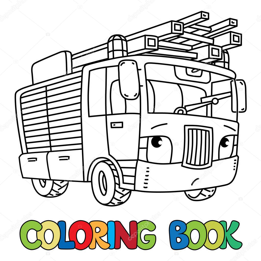 Fire truck or firemachine with eyes Coloring book