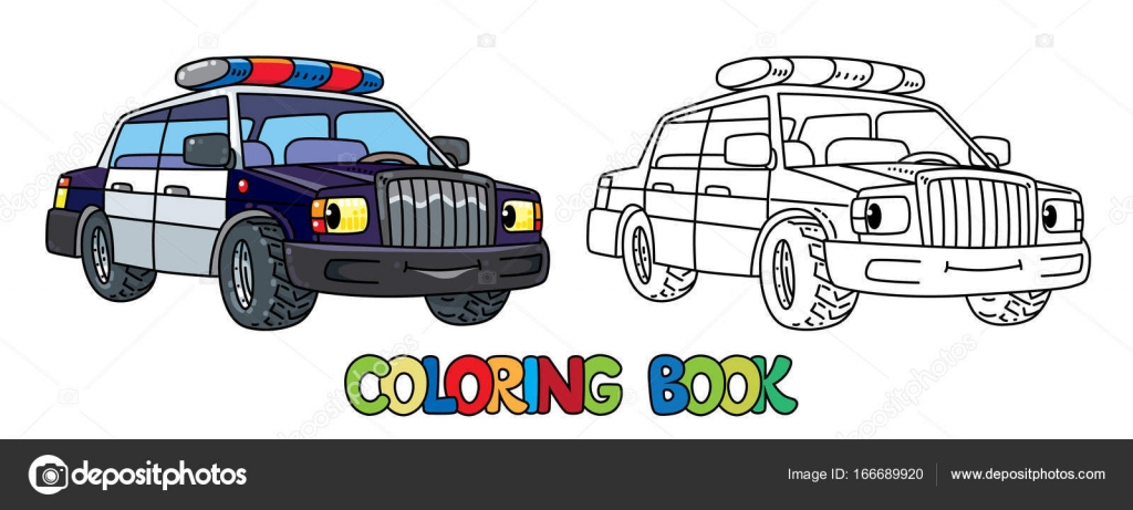 Voiture de police livre de coloriage pour les enfants Véhicule de mignon petit vecteur dr´le avec les yeux et la bouche Livre de coloriage