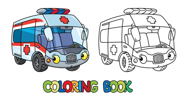 Funny small ambulance car with eyes. Coloring book Vector Graphics