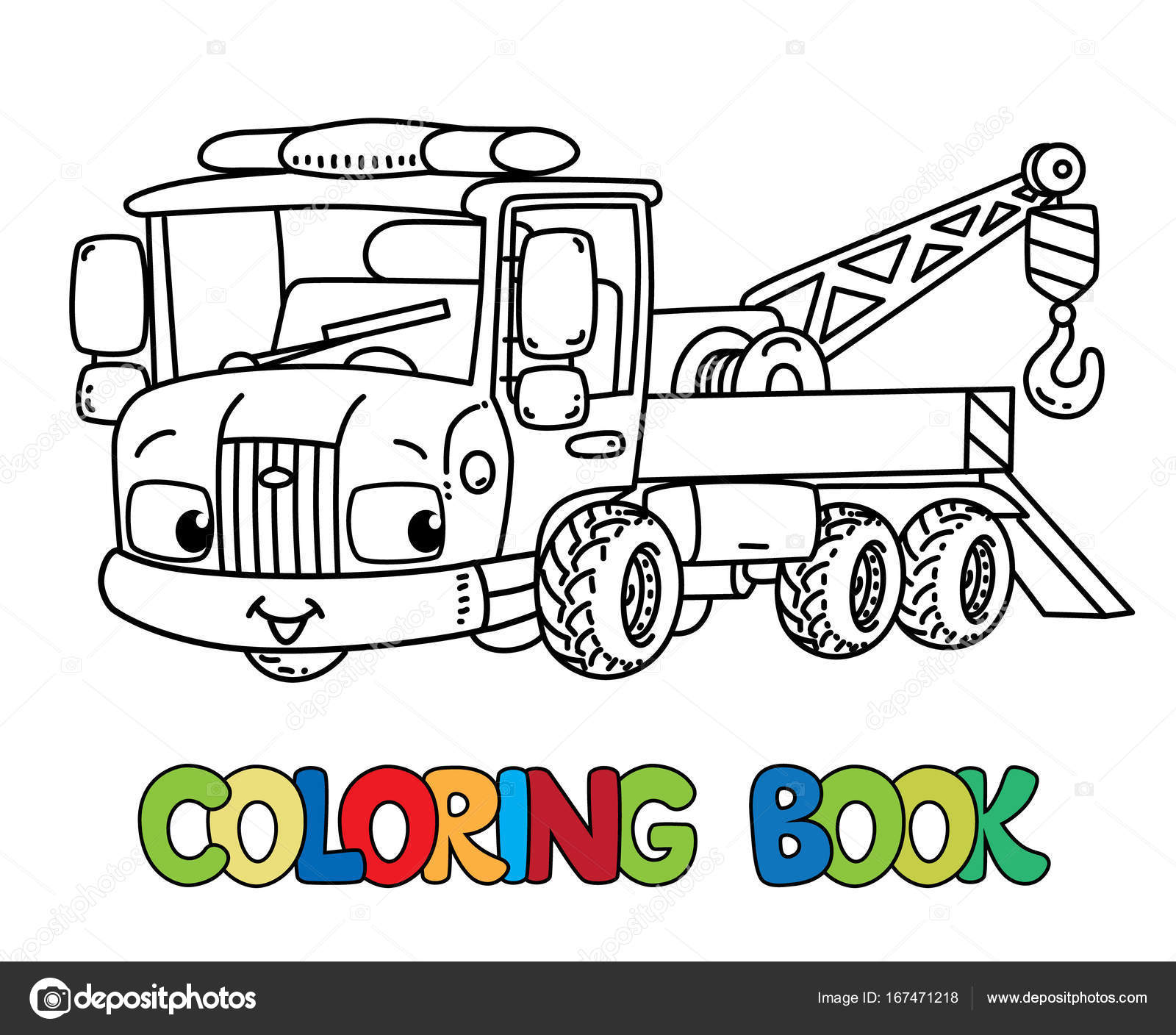 Camion di rimorchio libro da colorare per bambini Auto cute piccolo divertente di vettore con occhi e bocca Illustrazione di vettore dei bambini
