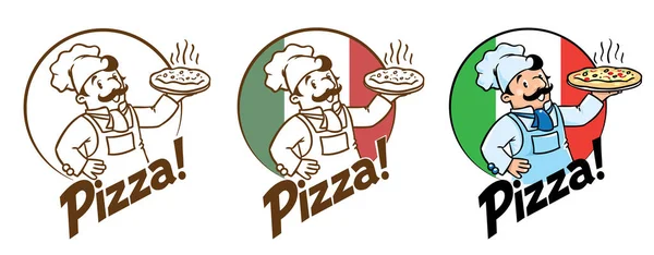 Godło zabawny gotować lub piekarz z pizzy i logo — Wektor stockowy