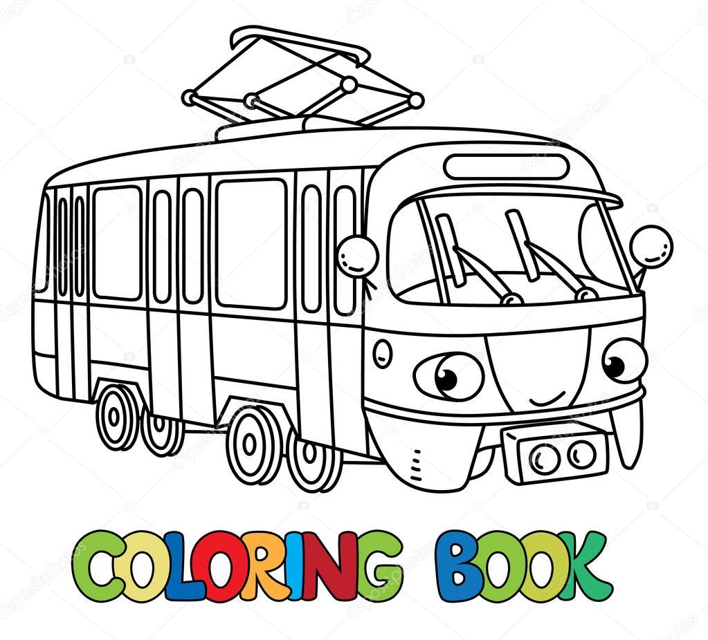 Funny small tram with eyes. Coloring book