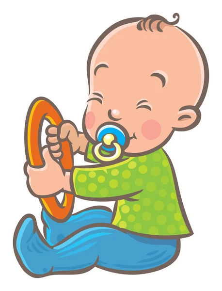Engraçado pequeno bebê sentado com manequim e anel —  Vetores de Stock