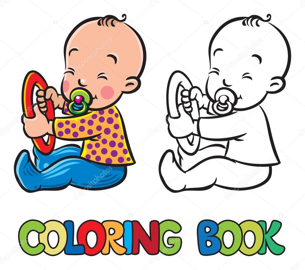 Funny small baby sitting with dummy. Coloring book