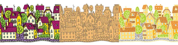 Ensemble de motifs sans couture de ville avec maisons et toits — Image vectorielle