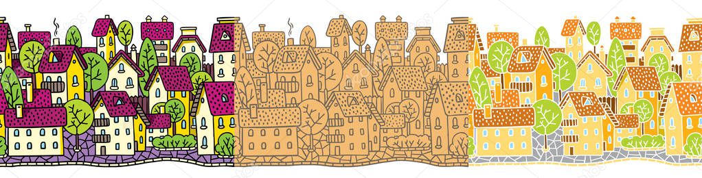 City seamless pattern set with houses and roofs