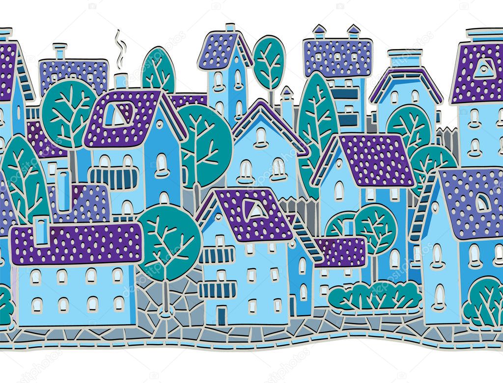 City seamless pattern with houses and roofs