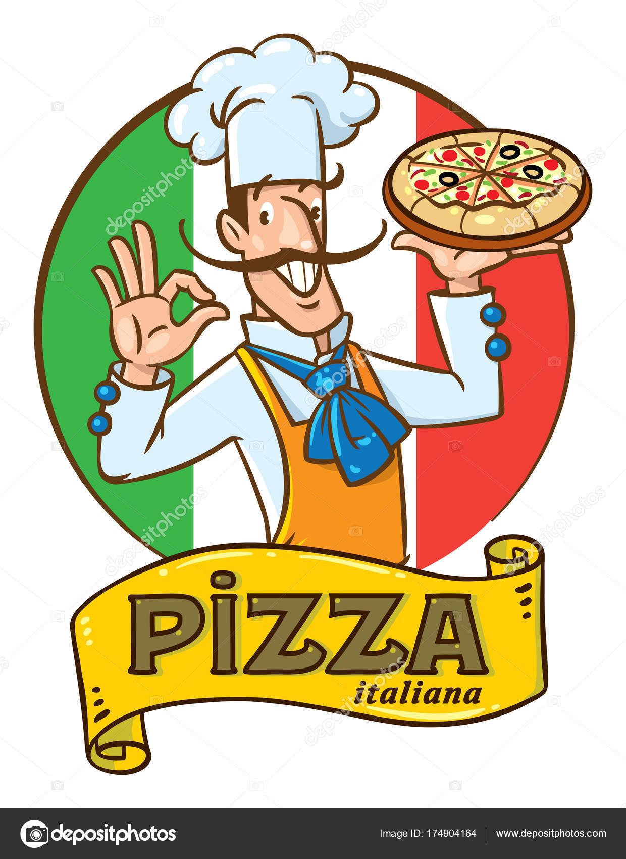 Lustige italienischer Koch mit Pizza. Emblem-Entwurf ...