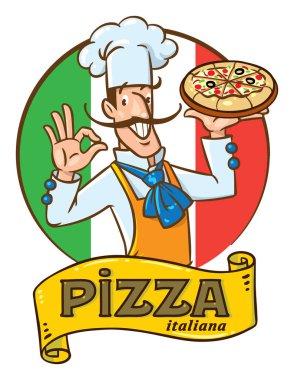 Pizzalı komik İtalyan şef. Amblem tasarımı