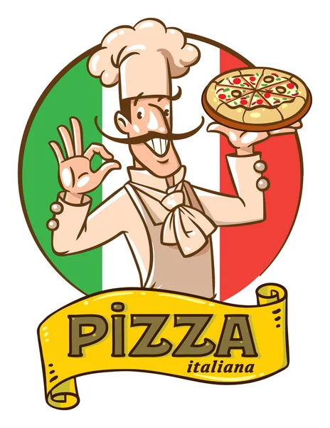 Chef italiano divertido con pizza. Diseño del emblema — Archivo Imágenes Vectoriales