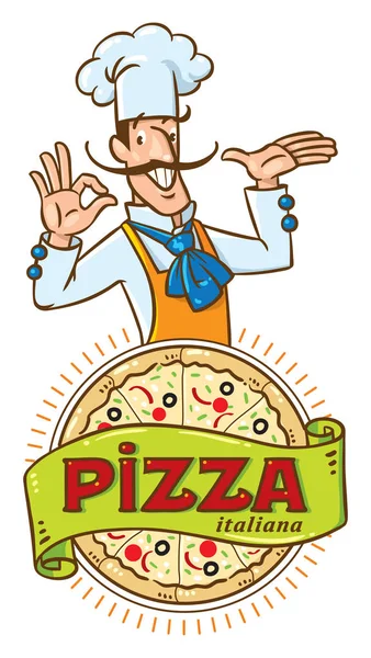 Chef italiano divertido con pizza. Diseño del emblema — Vector de stock