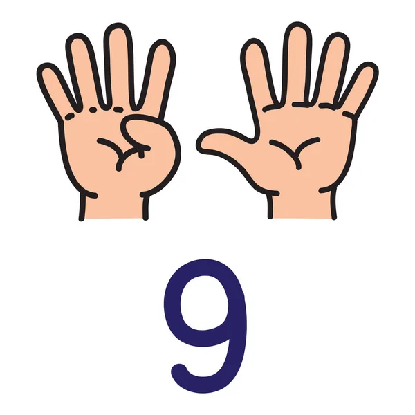 Gyerekek kéz mutatja a száma kilenc kéz jel. — Stock Vector