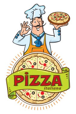 Pizzalı komik İtalyan şef. Amblem tasarımı