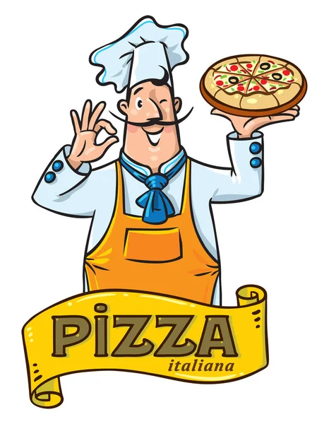 Chef italiano divertido con pizza. Diseño del emblema — Vector de stock