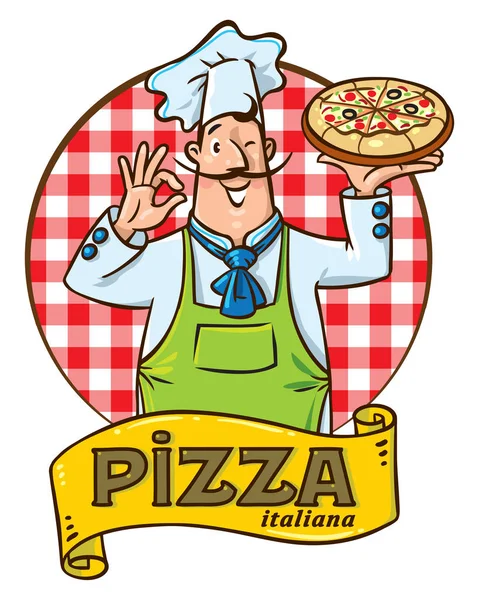 Chef italiano engraçado com pizza. Desenho do emblema —  Vetores de Stock