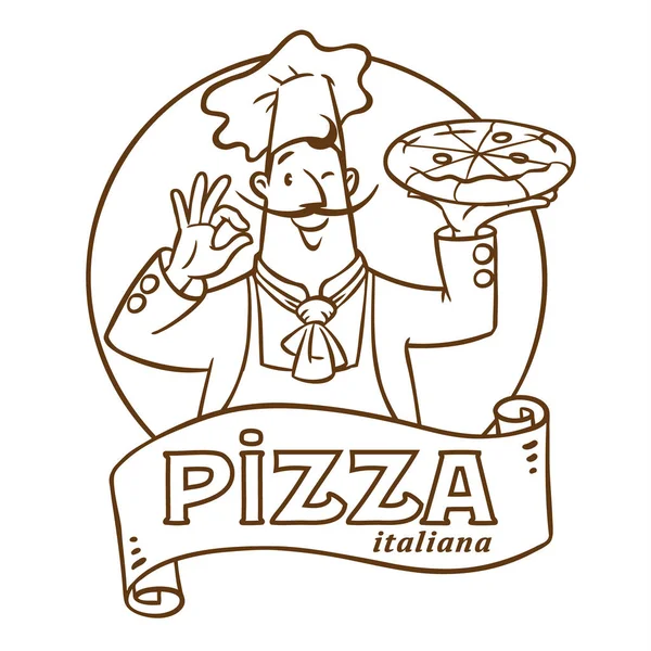 Chef italiano divertido con pizza. Diseño del emblema — Archivo Imágenes Vectoriales