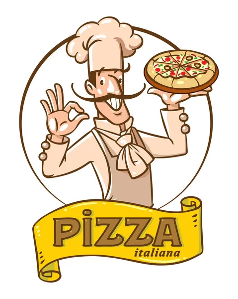 Chef italiano divertido con pizza. Diseño del emblema — Archivo Imágenes Vectoriales