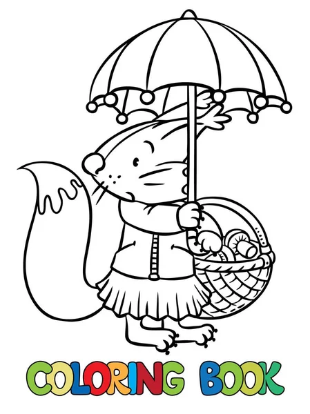 Piccolo scoiattolo divertente con l'ombrello. Libro da colorare — Vettoriale Stock